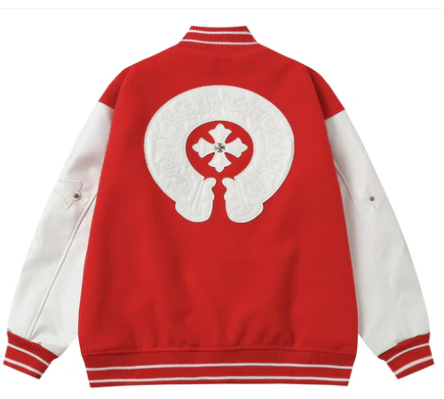 Chrome Hearts Red Cross Varsity Jacket White Sleeve Gothic Coat - B